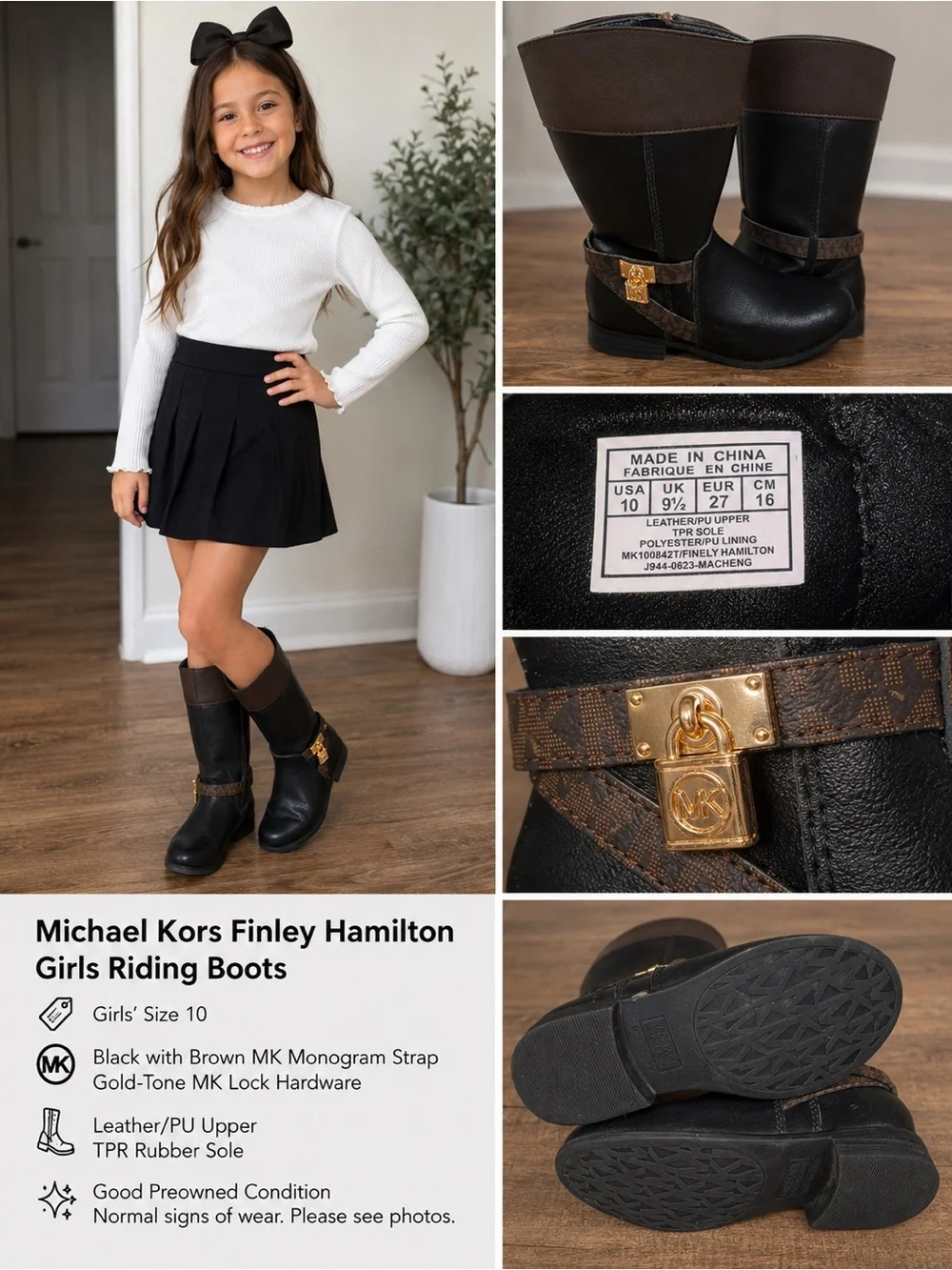 Michael Kors Finley Hamilton Girls Riding Boots Black Brown MK Lock Size 10